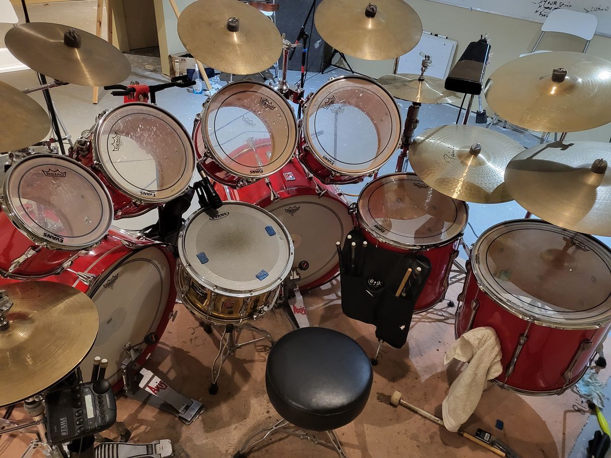 Overhead view of Premier kit showing Evans and Remo drum heads in use